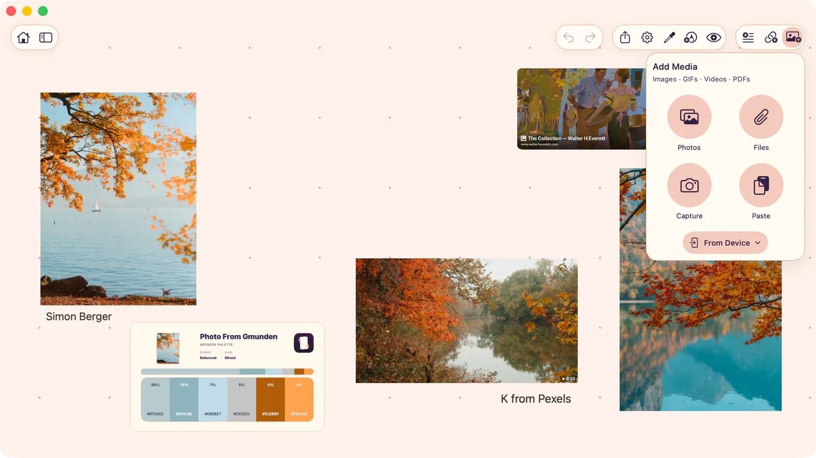 Add Media menu open on a board, showing Photos, Files, Capture, and Paste options for adding images.