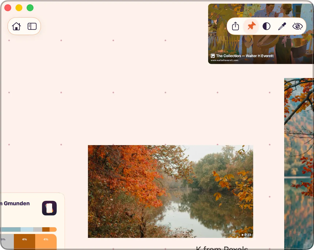 ArtDeck on Mac in View Mode with the pinned-window outline visible and the Pin on Top button active in the board header.