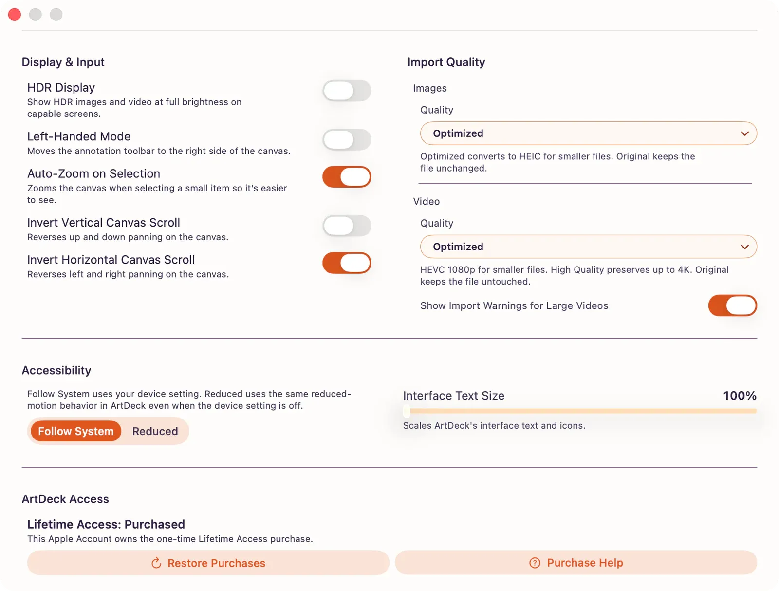 Mac App Settings showing Display and Input, Import Quality, Accessibility, and ArtDeck Access with Lifetime Access purchased.