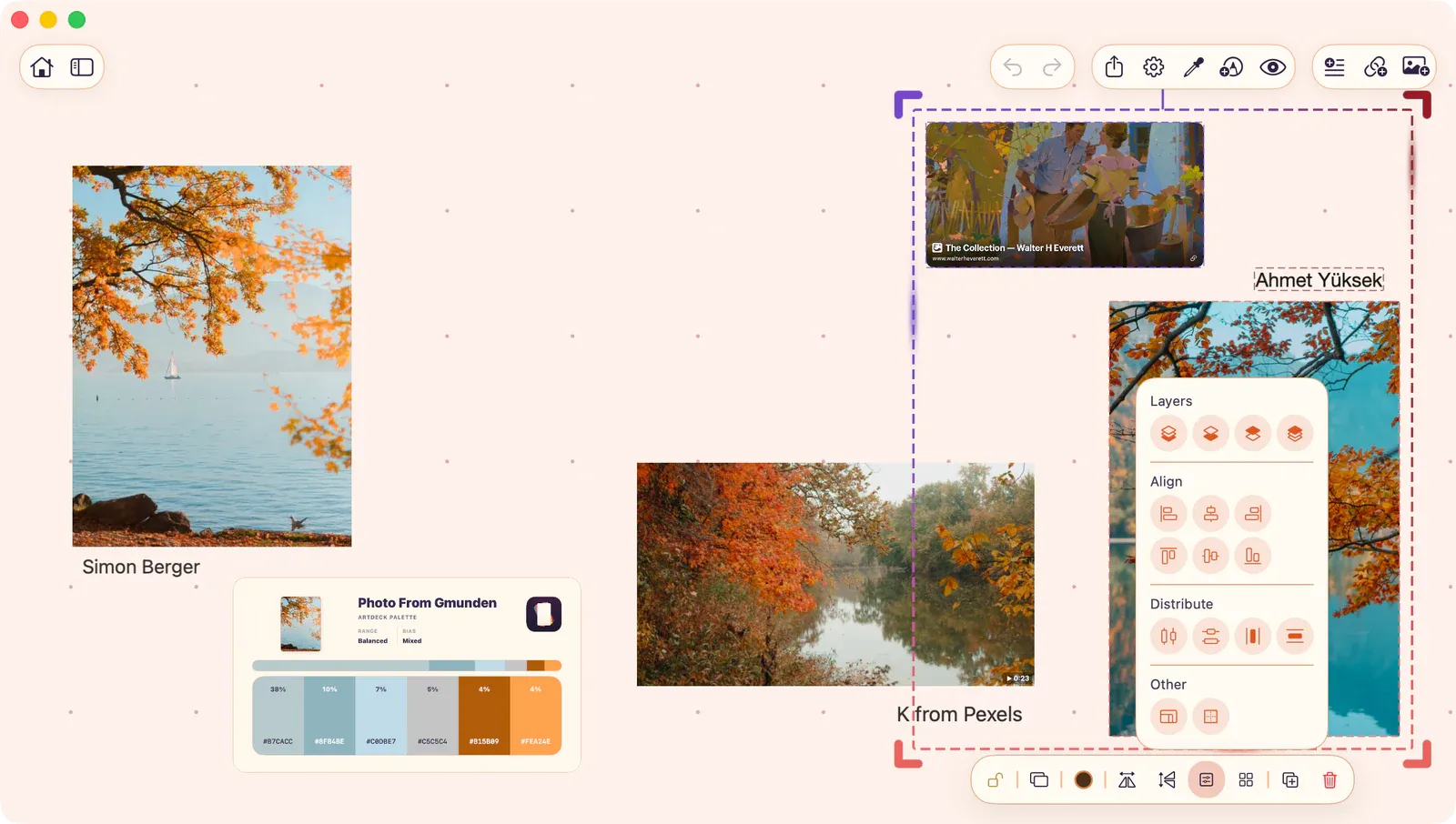 Arrange panel open beside a multi-item selection, showing layer, align, distribute, and other layout controls.