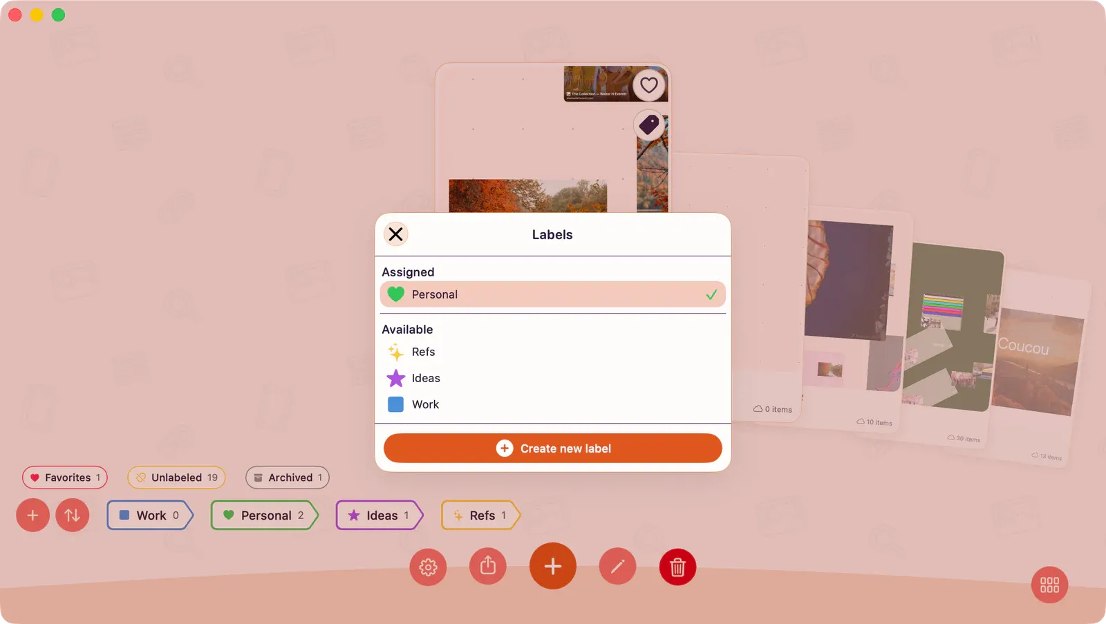 Board label picker showing assigned and available labels for adding or removing labels from one board.
