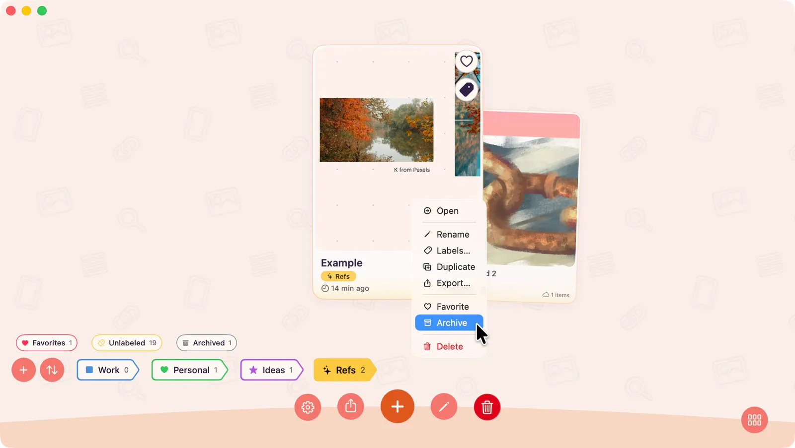 Gallery board card with its action menu open and the Archive action highlighted.