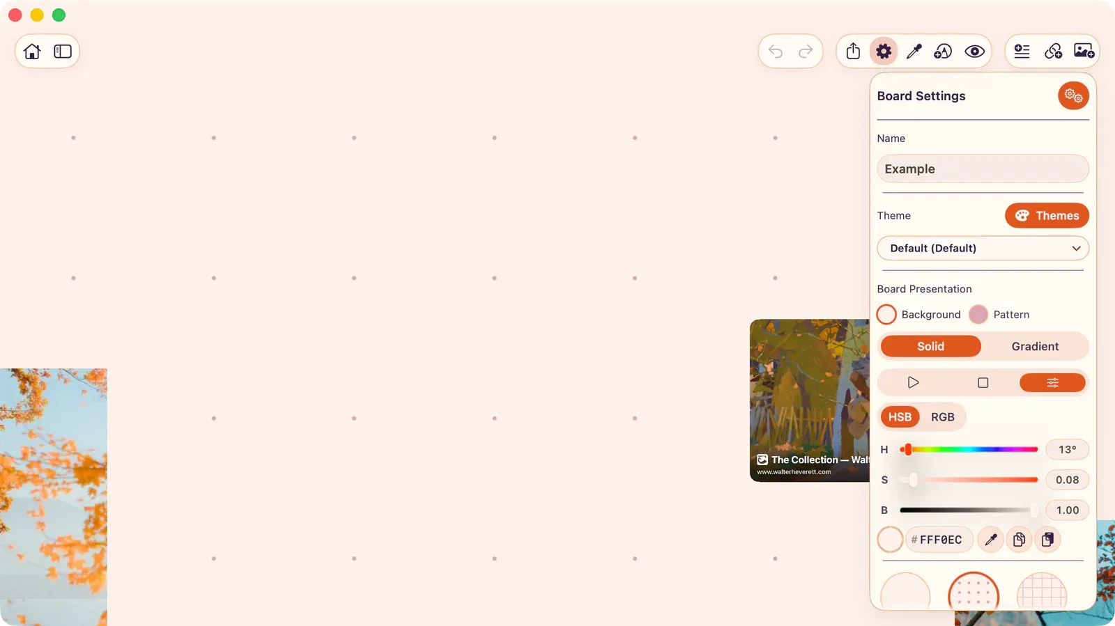 Board canvas with Board Settings open, showing theme, presentation, color, pattern, and snapping controls.