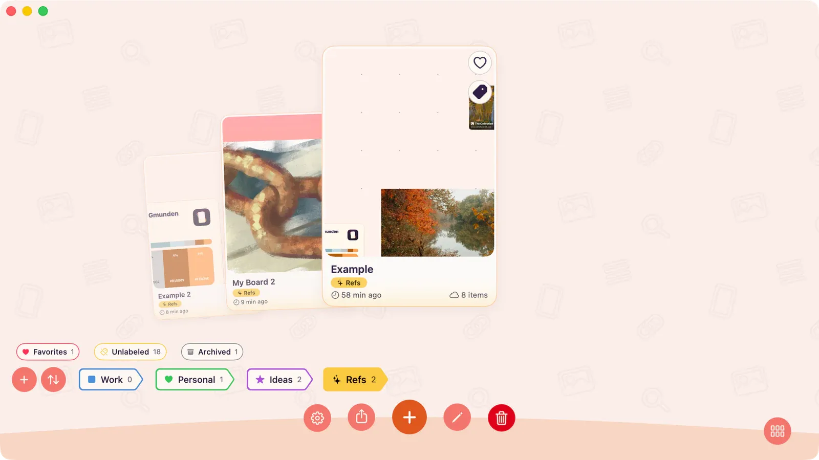 Carousel view showing one large board card centered for visual browsing.