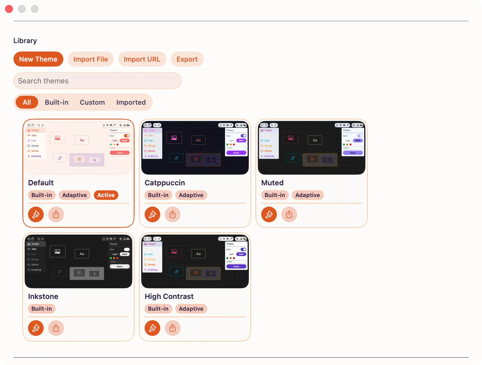 Theme library showing New Theme, Import File, Import URL, and Export controls above the theme cards.