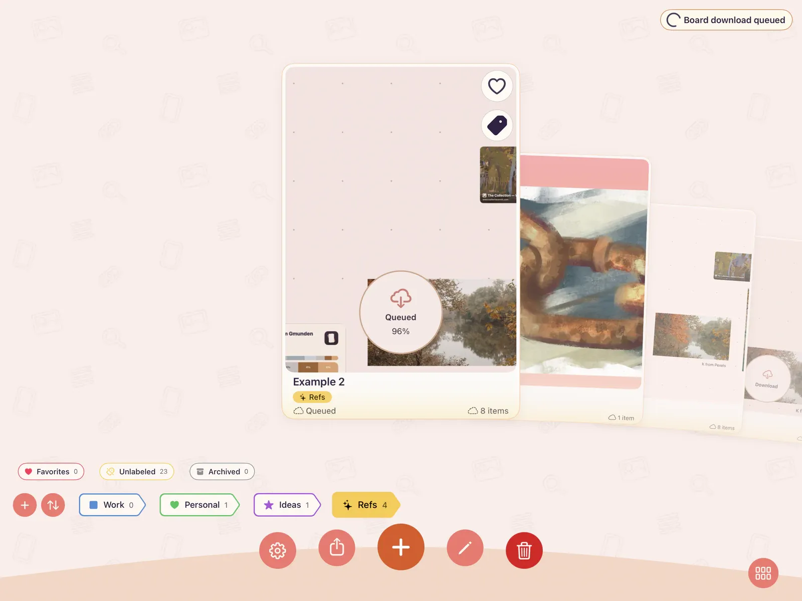 Gallery showing synced board cards with Download, Downloading, Waiting for Wi-Fi, and Files Missing states.