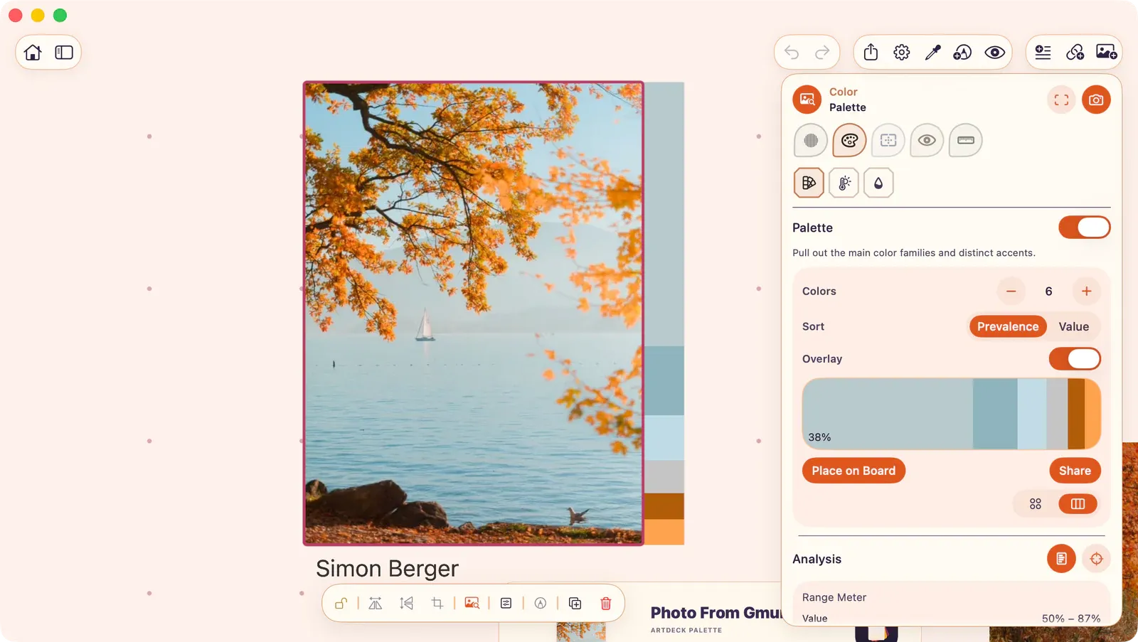 Color lens open showing the Palette tool with swatches and the Color Strip overlay visible on the canvas image.