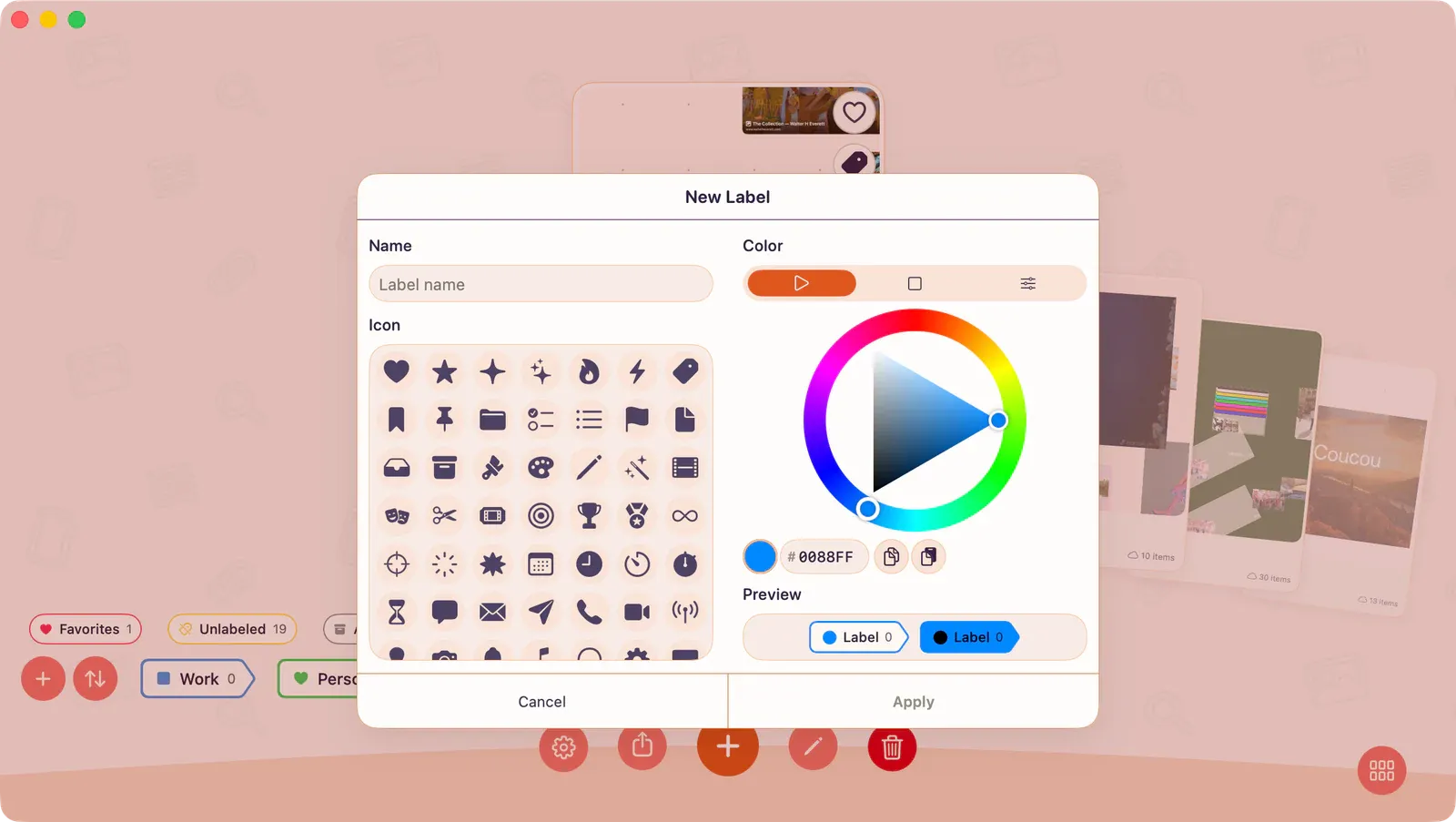 Create Label editor showing the label name field, icon choices, color choices, and Apply button.