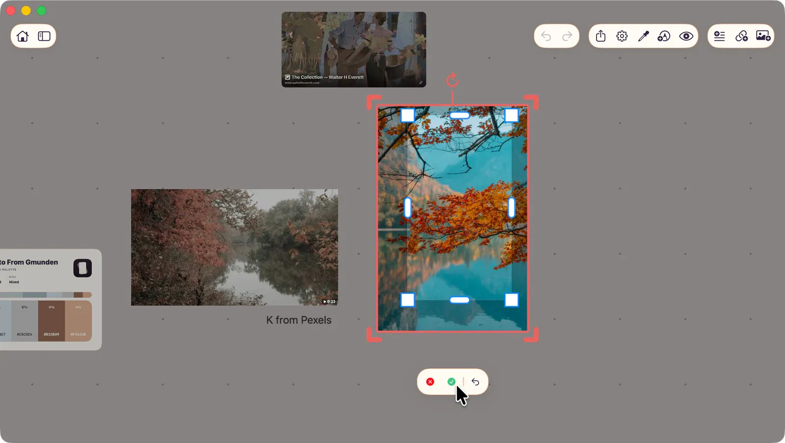 Image selected in crop mode, showing corner and edge handles around the crop region with confirm and cancel buttons visible.