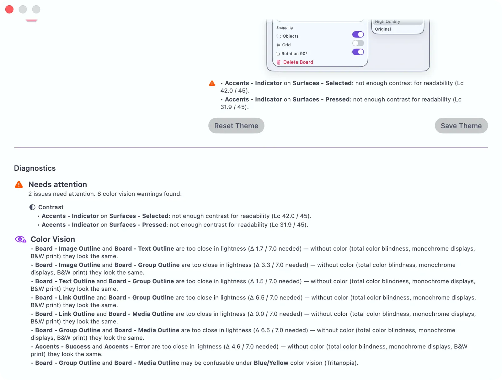 Theme library diagnostics panel showing contrast checks and color vision warnings for the selected theme.