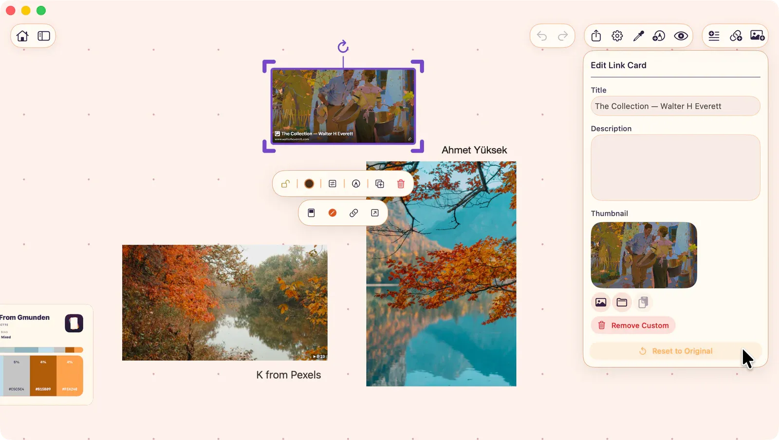 Link metadata editor showing title, description, preview image, card style, and apply controls for a link card.