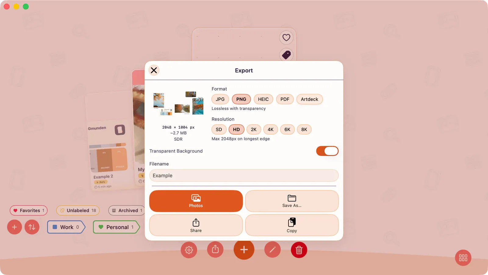 Export panel opened from the Gallery, showing format chips, resolution choices, scope, and destination buttons.