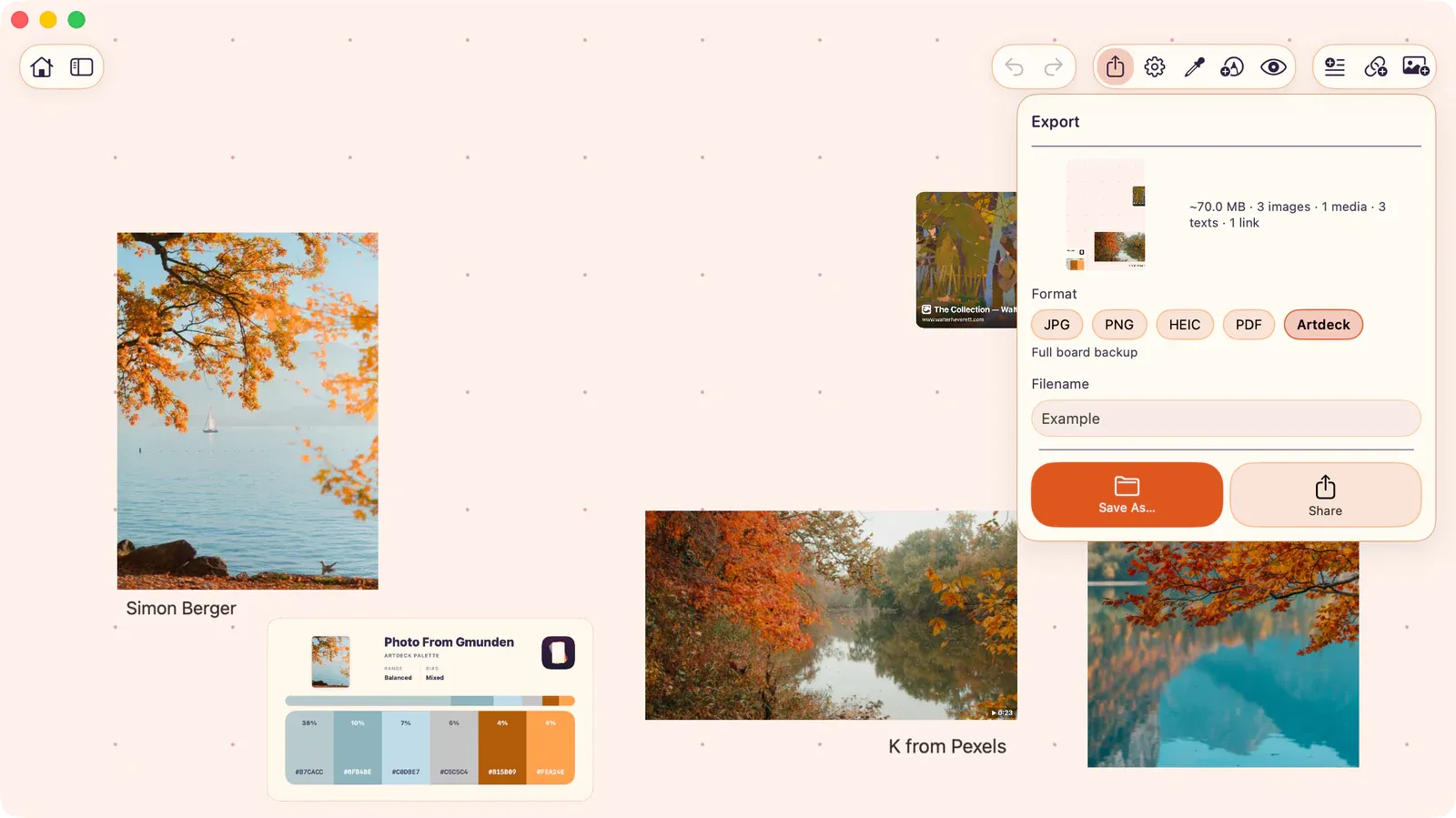 Export panel with Artdeck selected, showing the board-file preview, estimated file size, item counts, and Files and Share destinations.