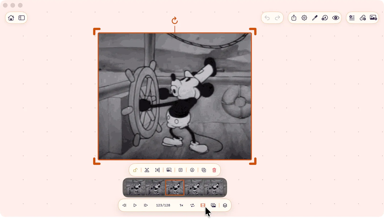 GIF selected on the board with the filmstrip open and playback controls visible below the item.