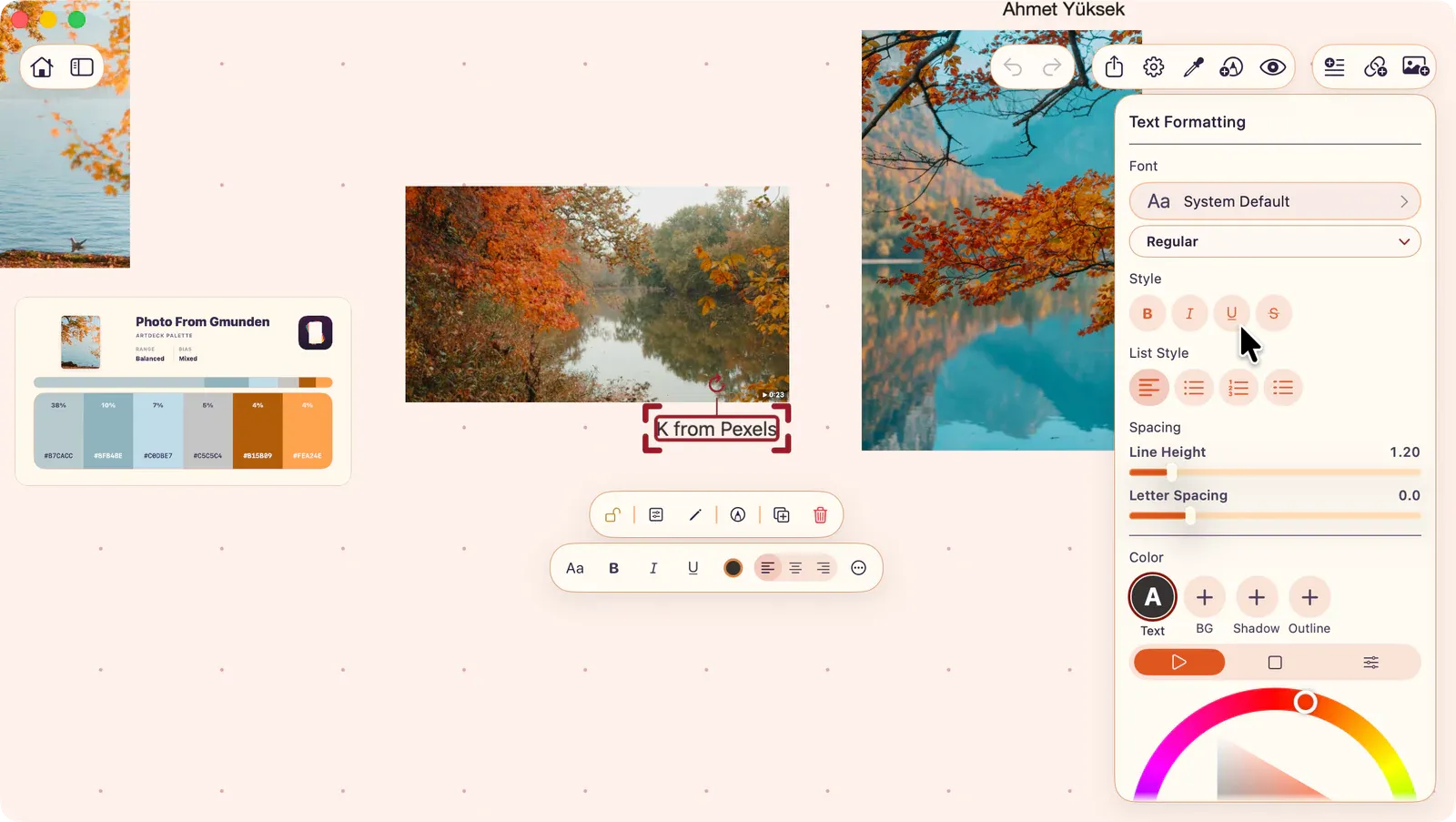 Text formatting panel showing font, style, list, spacing, color, background, shadow, and outline controls.