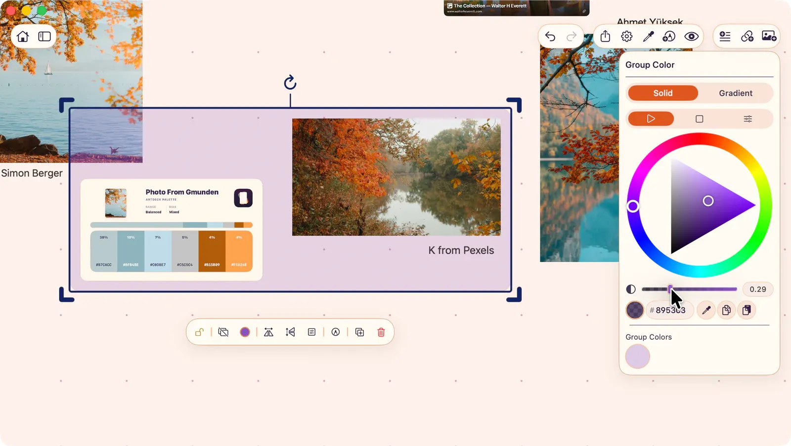 Group styling controls showing solid color and gradient fill options for a selected group.
