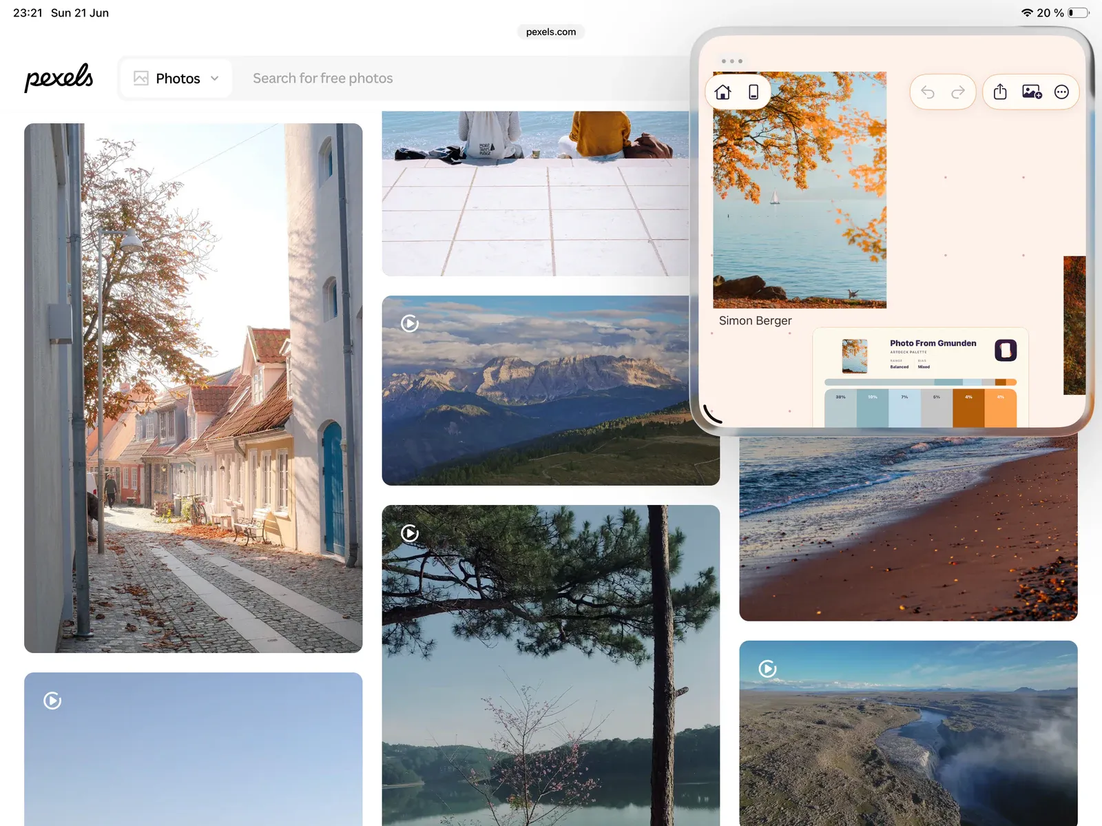ArtDeck in Slide Over above a Pexels page, showing a board ready to receive content from the other app.