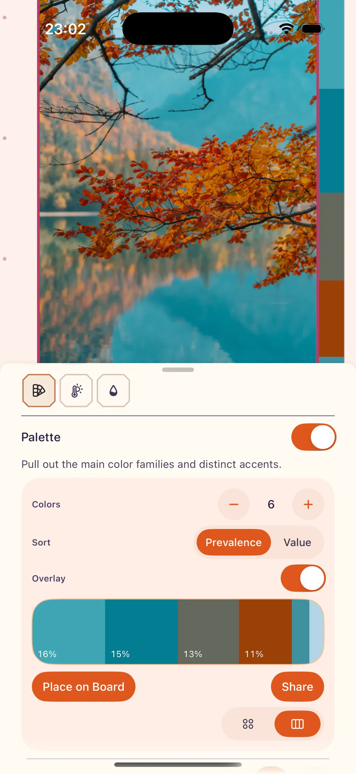 ToolBox Palette open as a native iPhone sheet, with the selected board image still visible above the sheet.