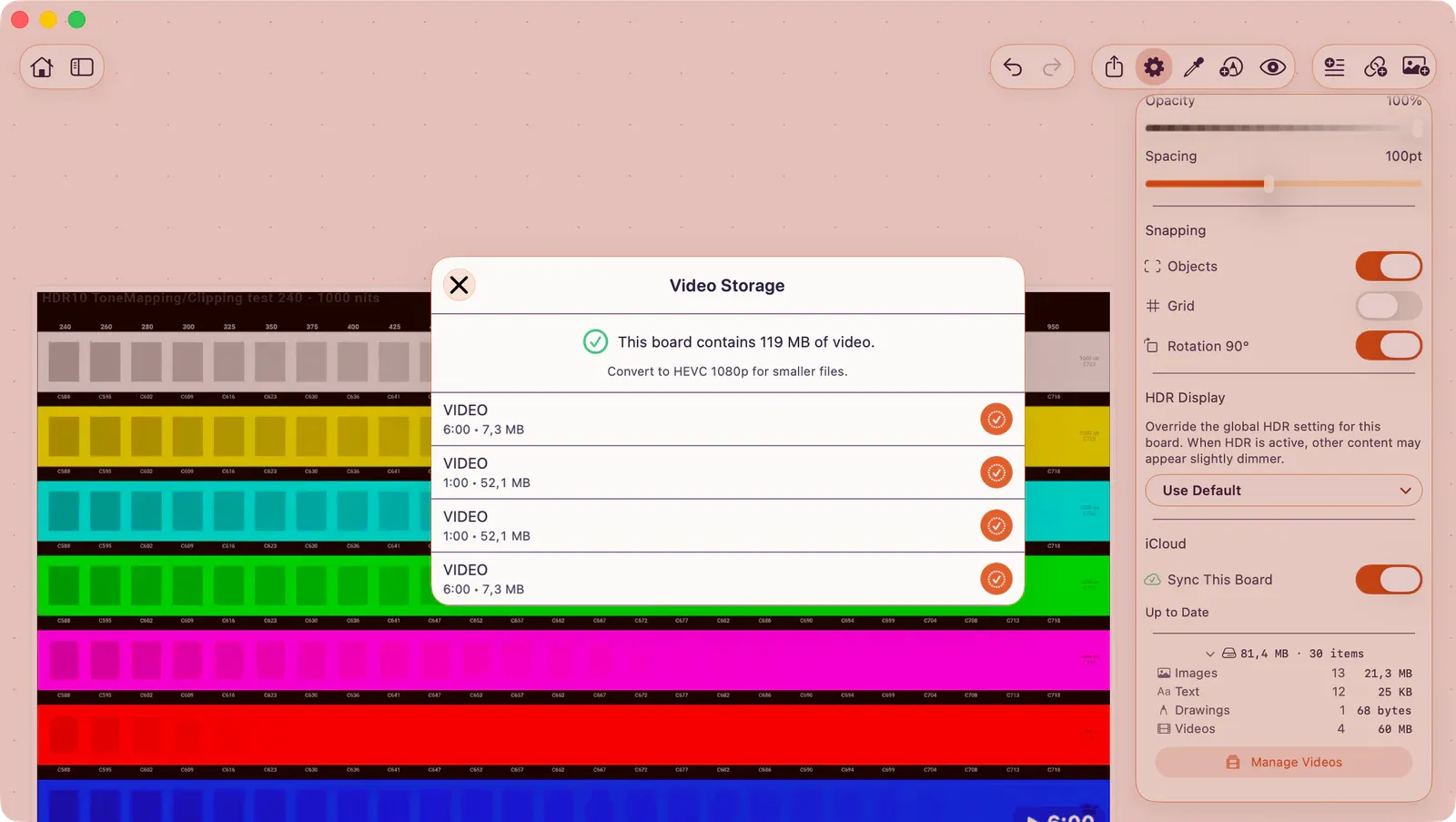 Video Storage overlay showing total video storage, a conversion warning, and per-video Convert buttons.