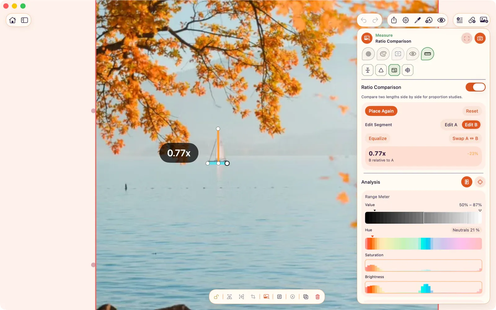 Measure lens open showing Ratio Comparison with two measurement segments placed over a canvas image.