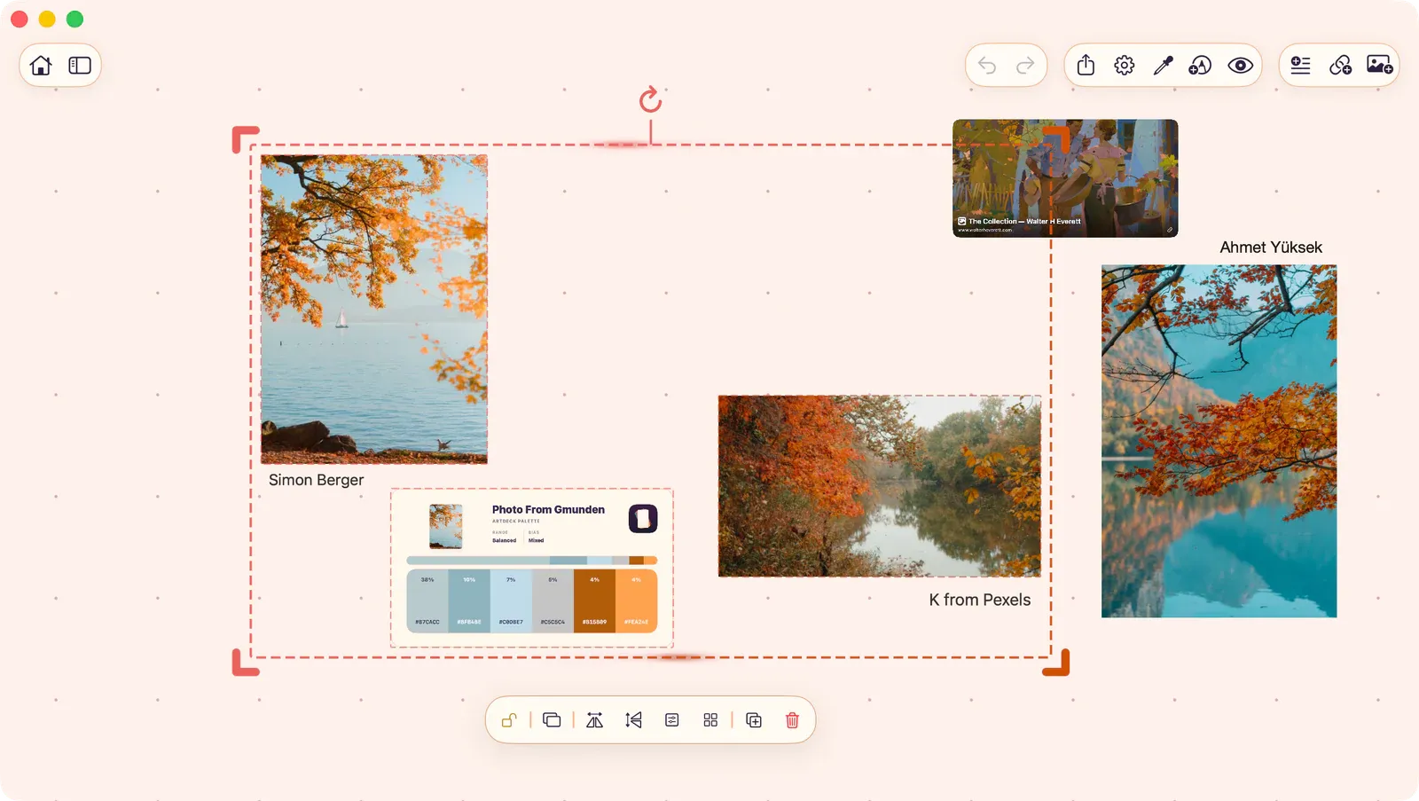 Multiple board items selected together with a shared selection outline and multi-item control bar.
