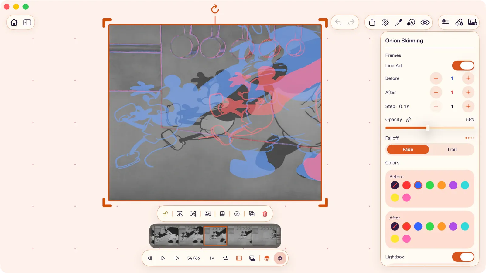 Onion skin settings panel open beside a video on the canvas, showing frame-count steppers, opacity controls, and color swatches.