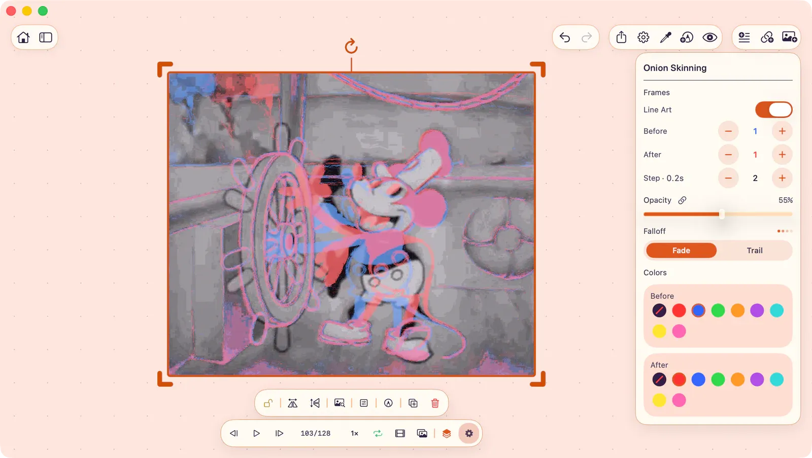 Onion skin settings panel open beside a video on the canvas, showing frame-count steppers, opacity controls, and color swatches.