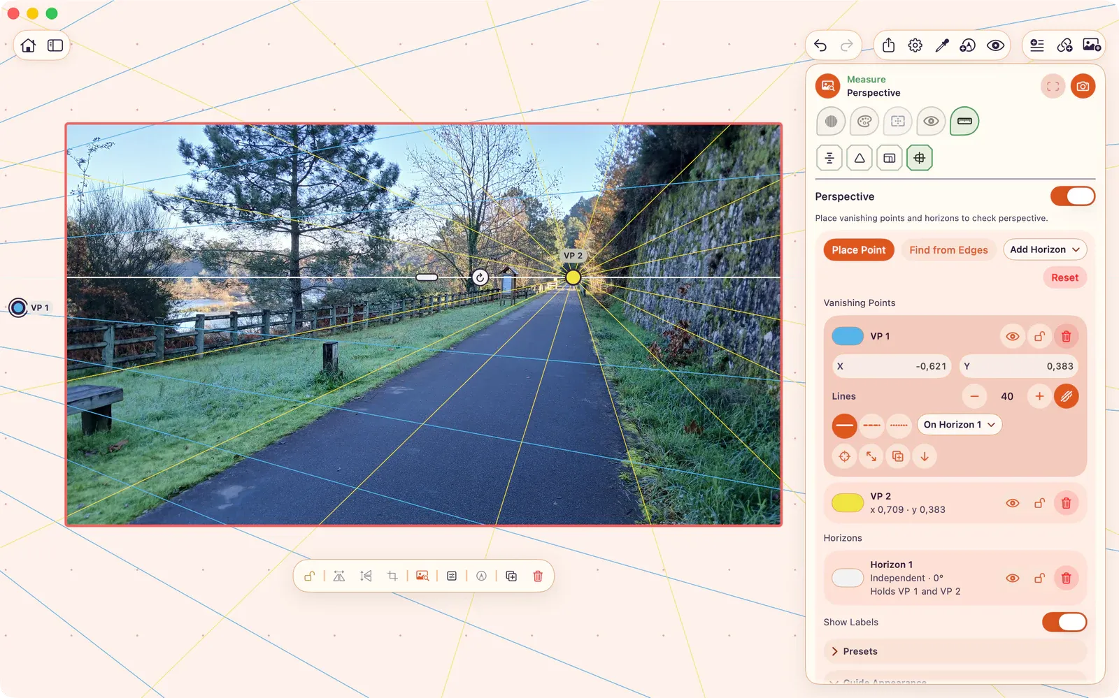 Perspective controls with two vanishing points bound to a horizon over a path image.
