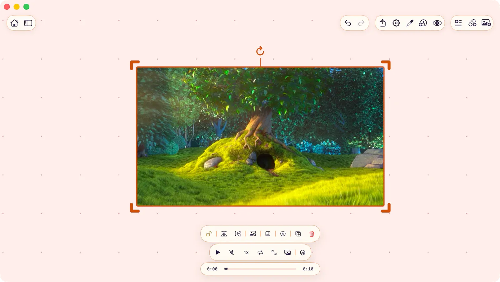 Selected video item showing playback controls for play, mute, speed, loop, fullscreen, and export frame.