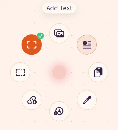 Contextual radial menu open on the canvas with add, paste, drawing, and selection actions around the press point.