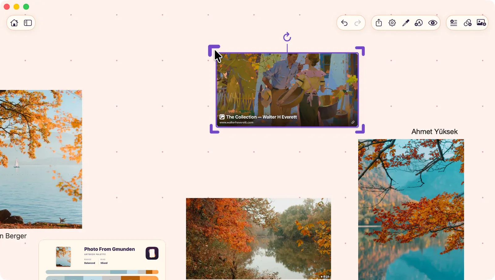 Item selected on the canvas showing corner and edge scale handles plus the rotation handle above the selection overlay.
