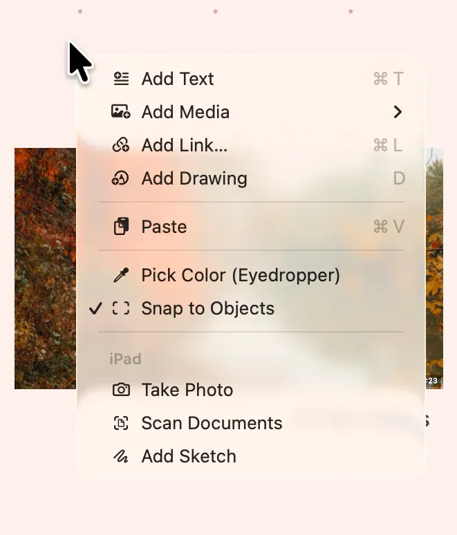 Mac right-click contextual menu open on the board with add, paste, eyedropper, snapping, and iPad capture actions.