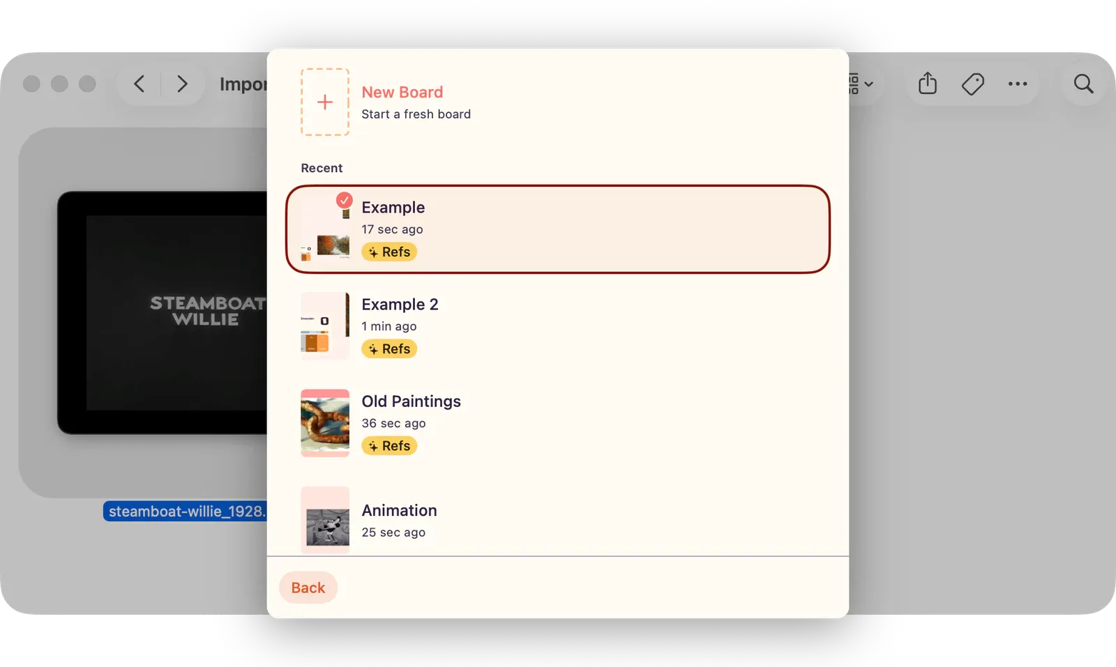 Share Extension board picker showing New Board and recent board choices, with the current board selected.