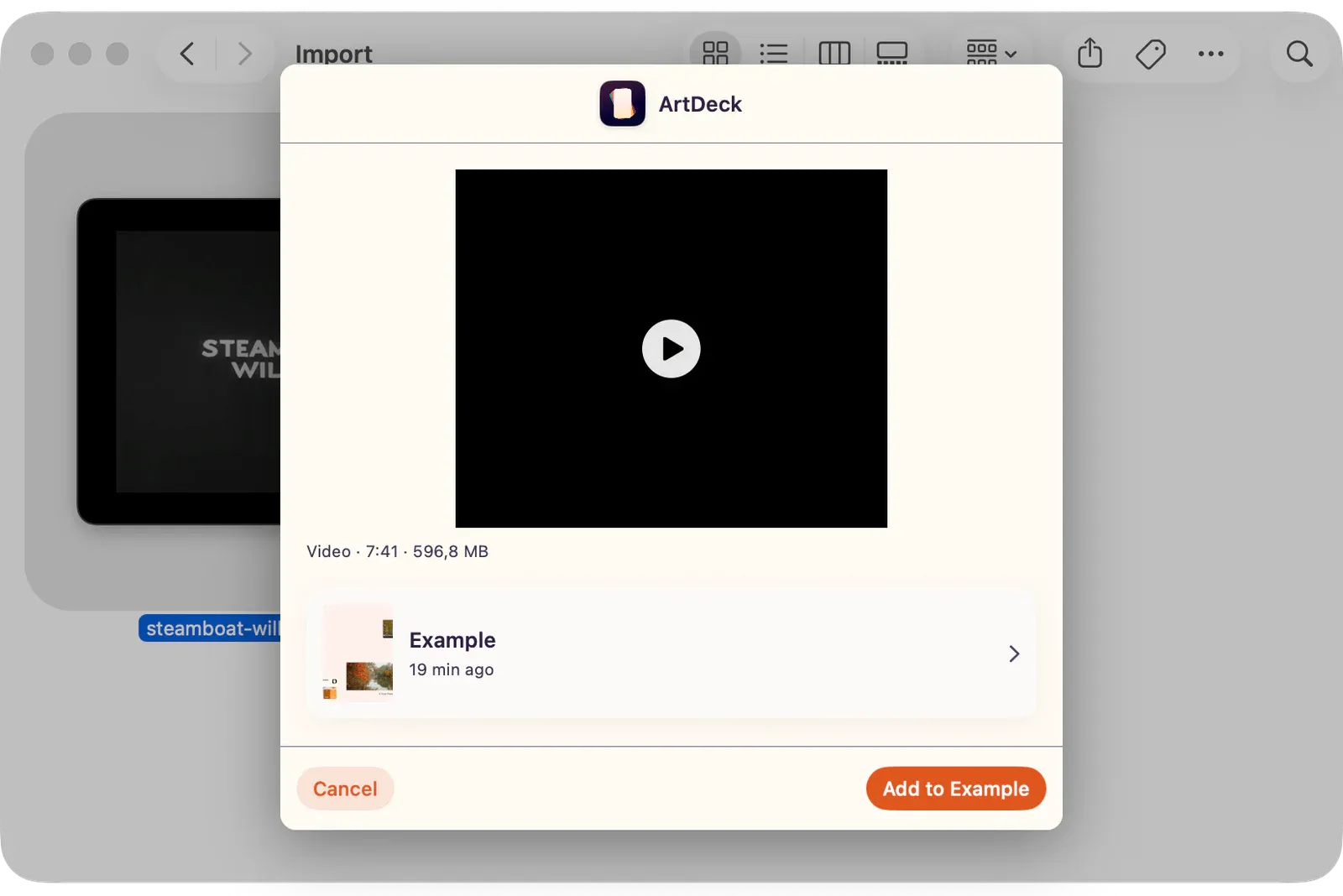 Share Extension main page showing a video preview, selected destination board, Cancel, and Add to Example actions.
