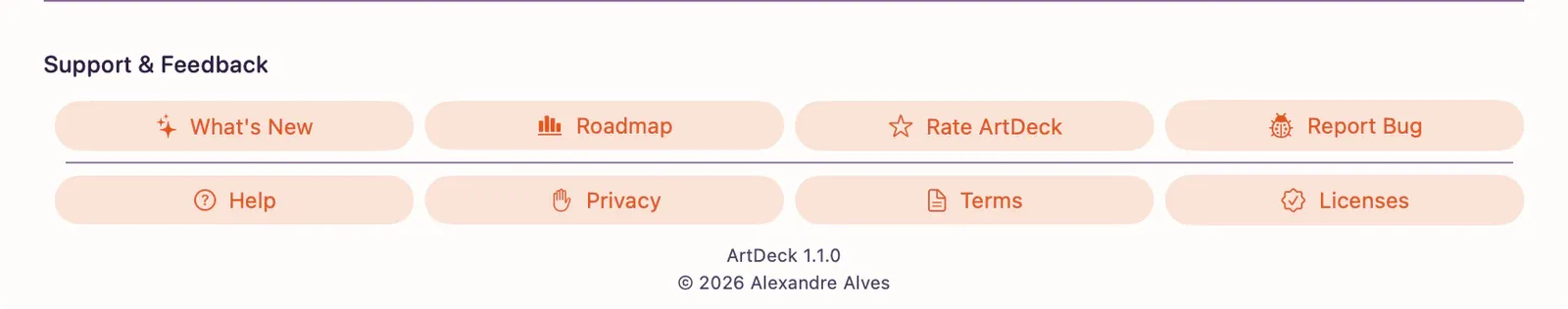 Support and Feedback section with What's New, Roadmap, Rate ArtDeck, Report Bug, Help, Privacy, Terms, and Licenses controls.