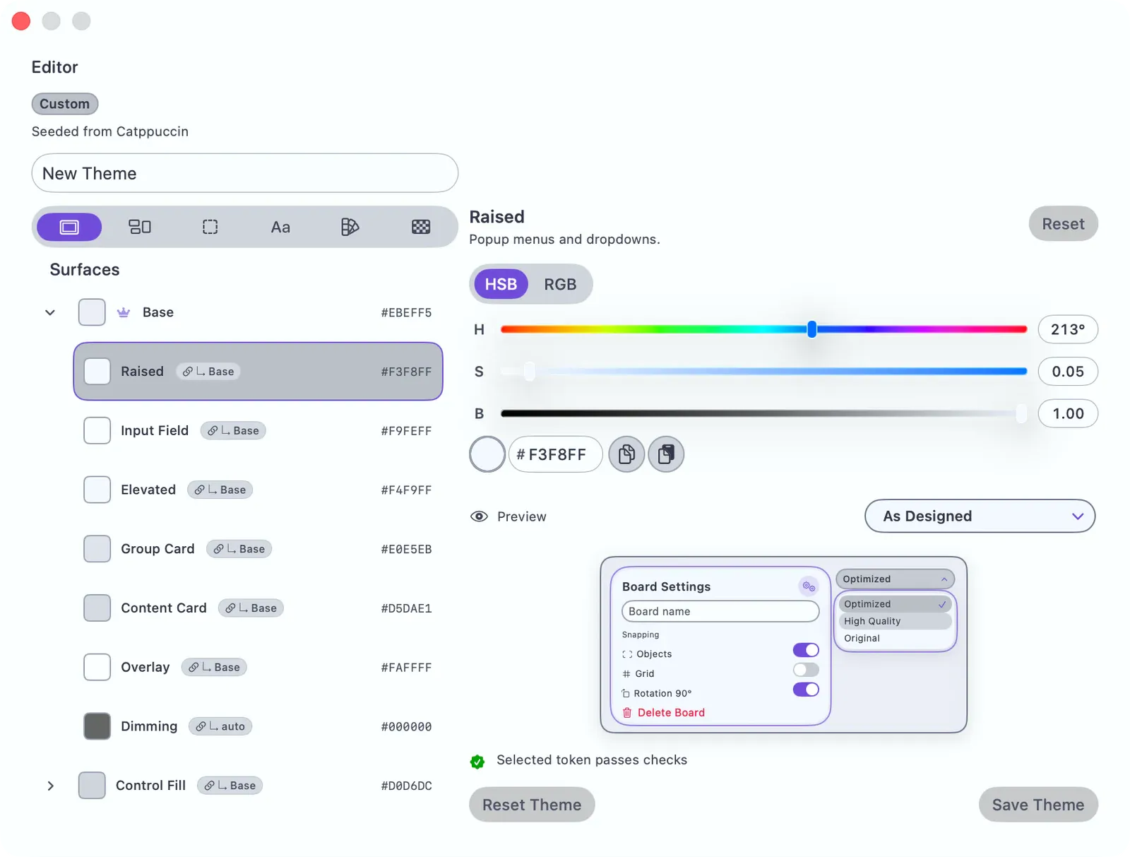Theme Editor showing color-role rows, a selected surface role, and a live board preview.