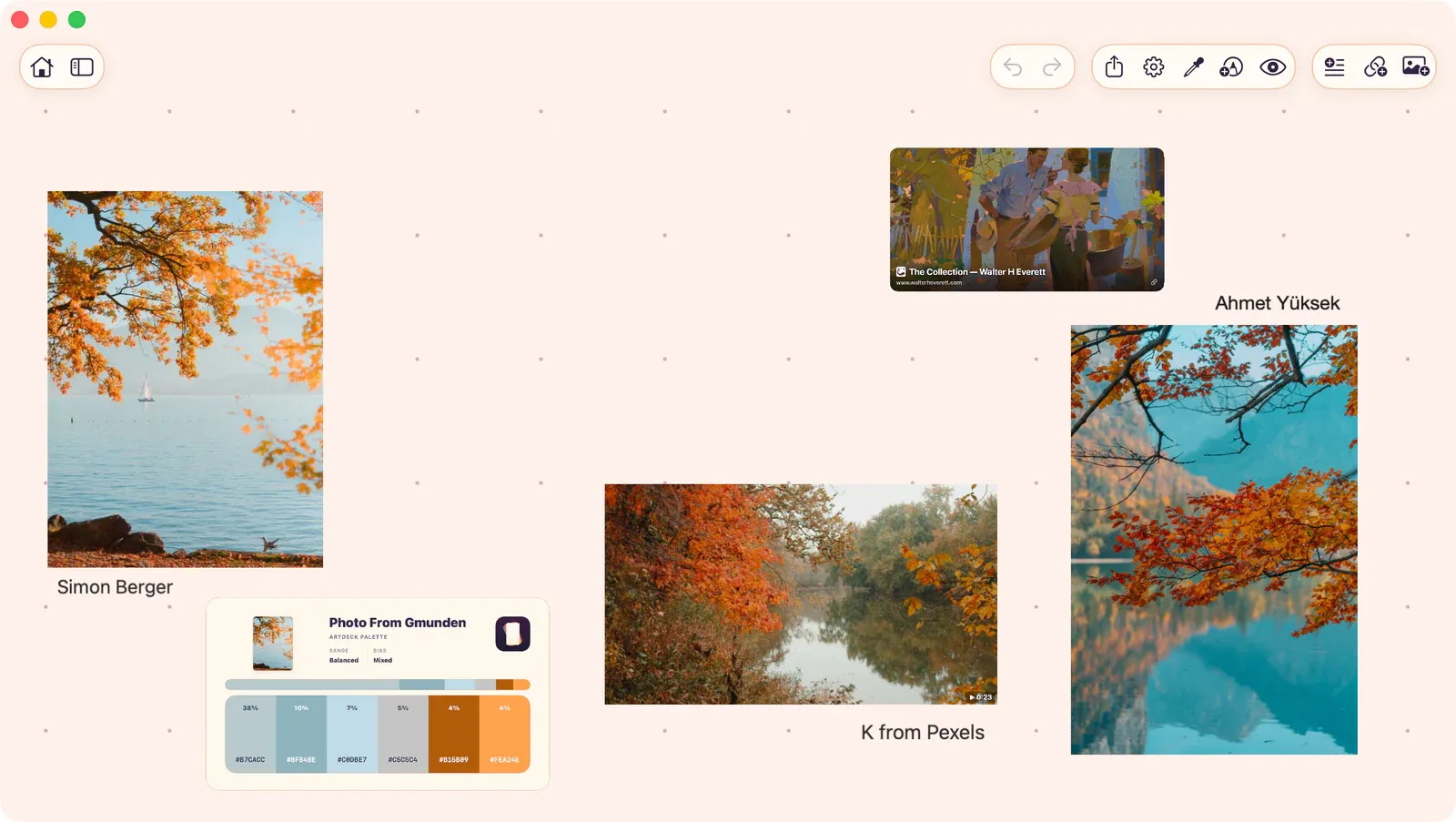 ArtDeck board with reference images, a video, a link card, and notes arranged on an infinite canvas.